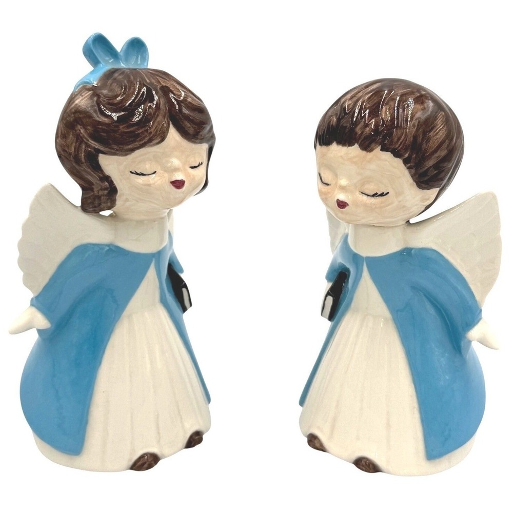 Geneva Vintage 1979 Ceramic‎ Angel Figurine Set Blue White Hand Painted Decor